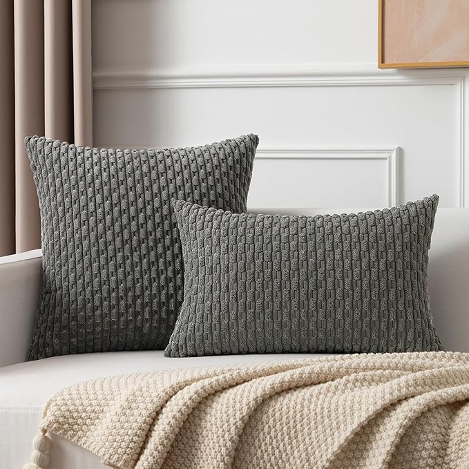 Kevin Textile Throw Pillow Cover Striped Pattern Decorative Soft Corduroy Cushion Covers Stripes for Living Room Set of 2 18x18 Inch Dark Grey