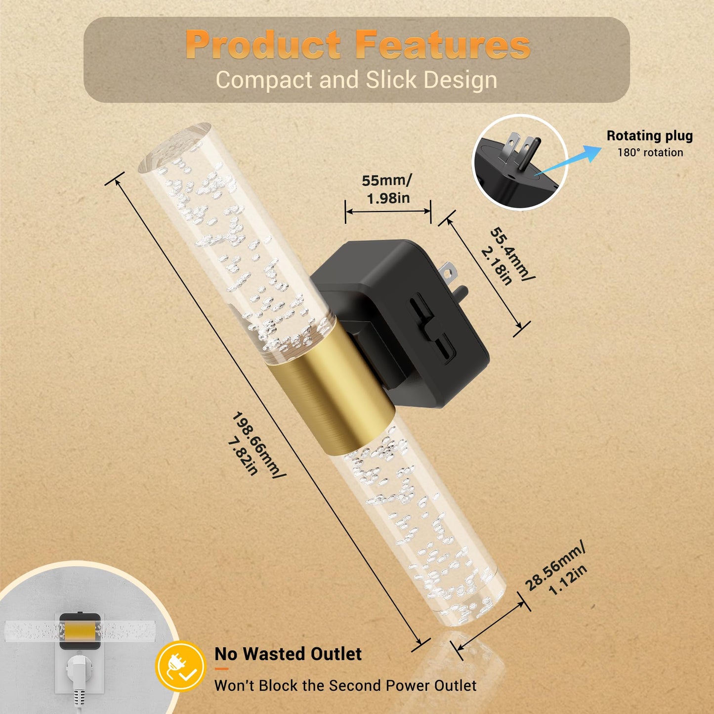 JandCase 180° Rotating Night Lights Plug into Wall, 2 Pack 3000K Soft Light LED NightLights, 0-100LM Adjustable Brightness, Plug in Night Light with Auto Light Sensor,for Bathroom,Hallway,Bedroom