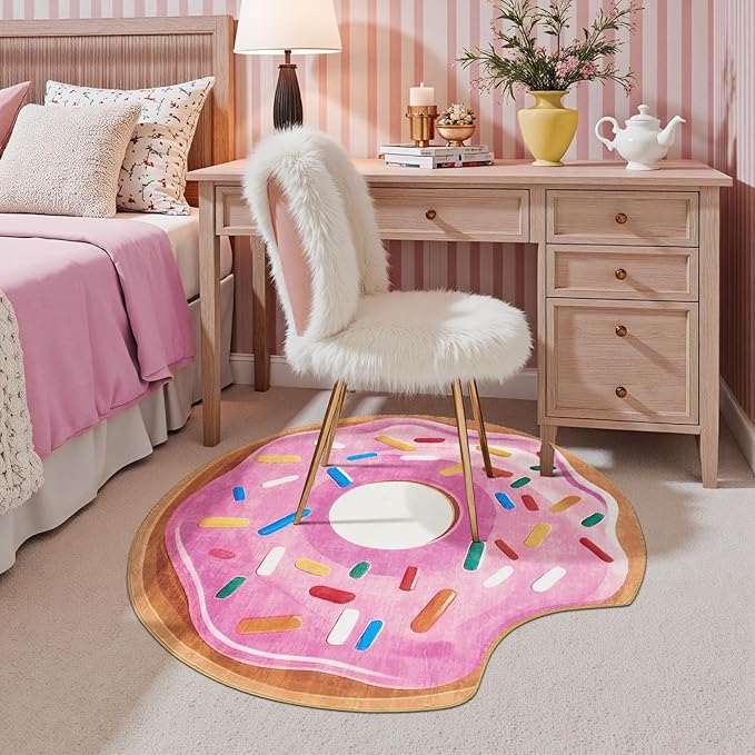 JINCHAN Cute Round Rug 3ft Strawberry Donut Fun Rug Washable Playroom Mat Sweet Dessert Circle Cool Rug Non Slip 3' Round Soft Cozy Pink Doormat Small Funky Gift for Girls Kids Toddler Nursery Bedroom