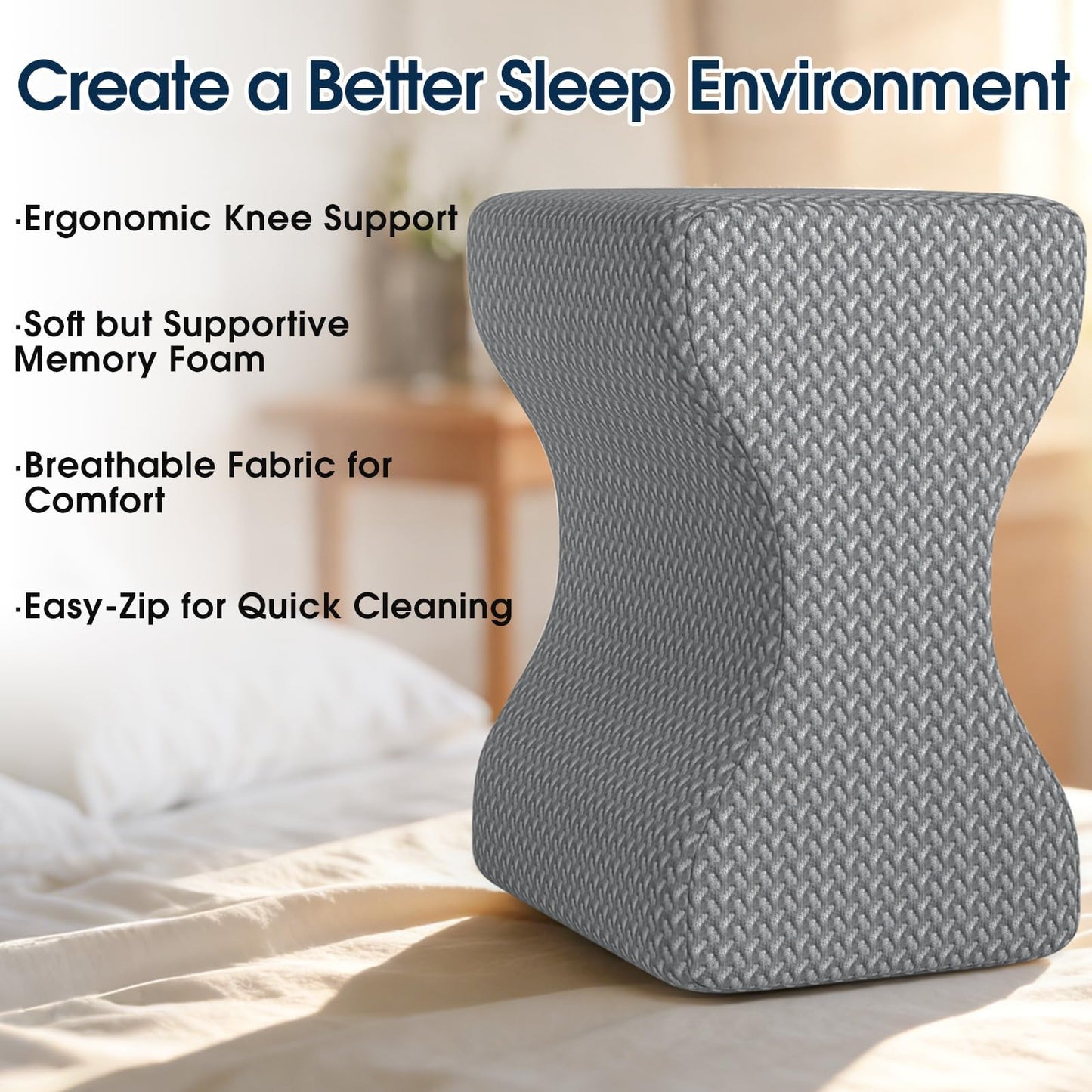 BlissTrends Memory Foam Knee Pillow, Knee Pillow for Side Sleepers, Leg Pillows for Sleeping Blood Circulation, Elevation Pillow for Spine Aligning, Sciatica, Back, Hip, Knee, Ankle Pain, Grey
