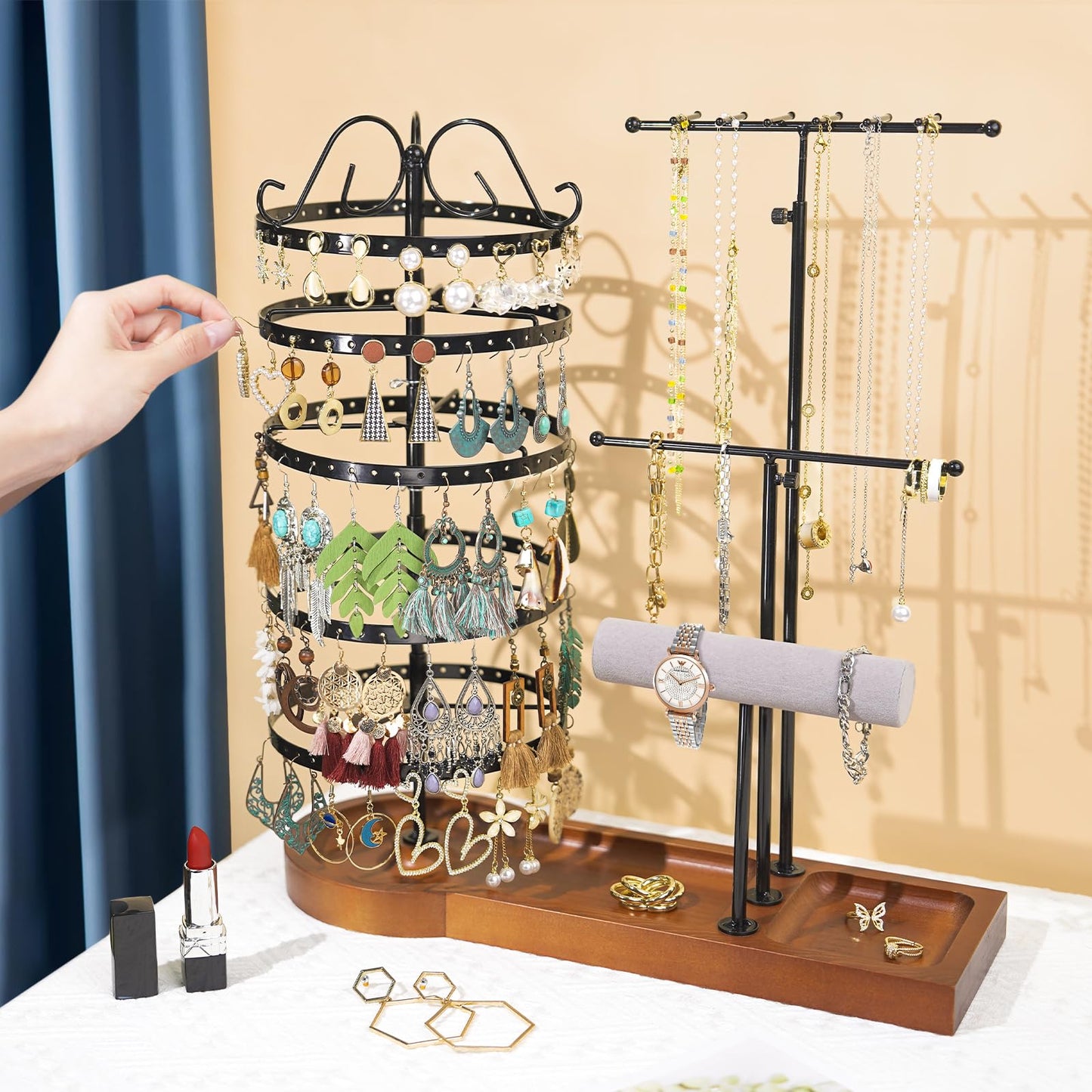 SMFANLIN Jewelry Organizer Stand, Metal Rotating Earring Holder Organizer, Multi-Functional Adjustable Necklace Rack Holder Bracelet Watch Holder for Jewelry Earrings Ring, Black