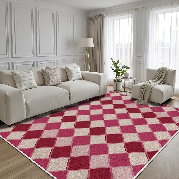 Plaid Rug, Soft Ultra Soft Faux Wool Rhombus Geometric Rugs, Indoor Floor Mats Carpet, Non Slip&Non-Shedding Low Pile Washable Rugs, Modern Red 6x9 Area Rug for Bedroom Home Decor