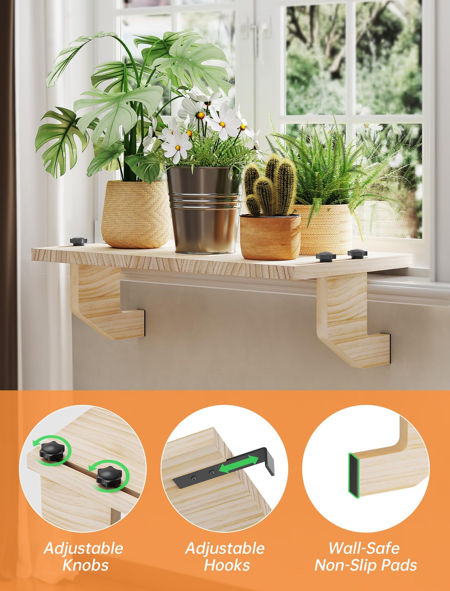 NiHome Window Sill Extender Plant Shelf, No Drill Wood Adjustable 21.2x11.8