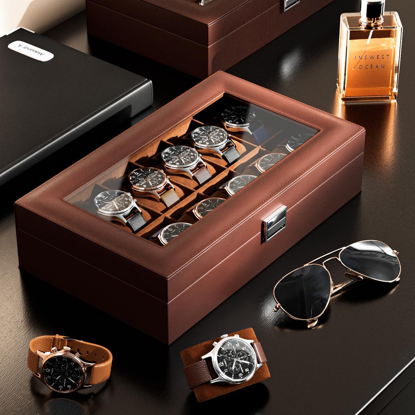 ProCase Watch Box Organizer, Fathers Day Gift for Dad, 12 Slot Watch Display Case With Glass Lid, Watch Storage Holder Mens Watch Case, Anniversary Birthday Gifts -12 Slot, Brown