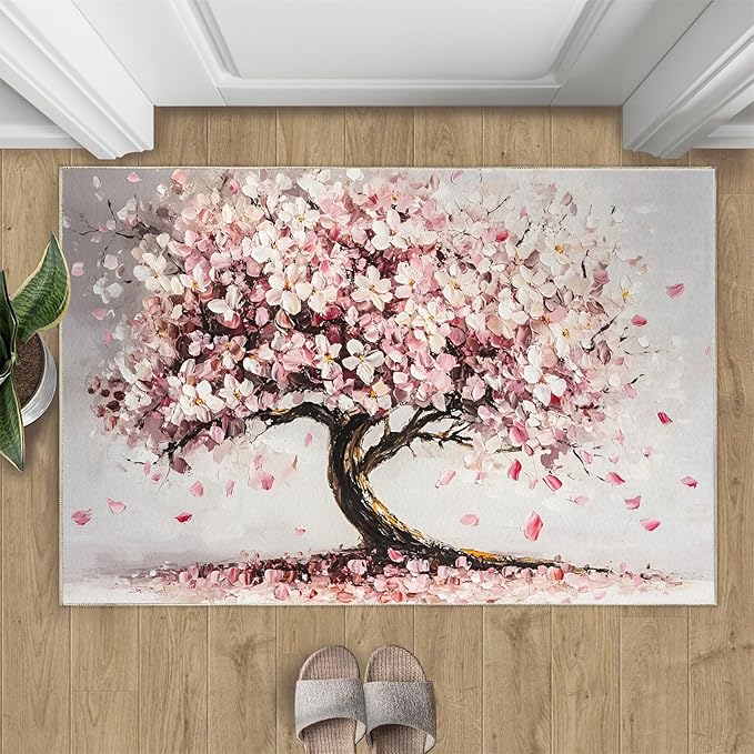 Graffiti Tree Washable Rugs 3x5 Rug for Living Room, Pink Petals 3x5 Rug Oil Painting Art Low-Pile Carpet for Bedroom Dining Non Slip Mat with Rubber Back