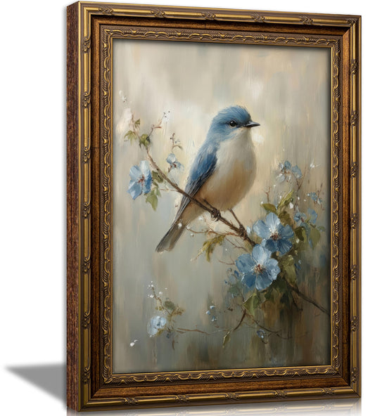 Gold Framed Bird Canvas Wall Art Vintage Blue Sparrow Painting Picture Wall Decor Pictures Sparrow on Branch Poster Print Artwork for Corridor Classroom Bedroom Kitchen Home Decoration