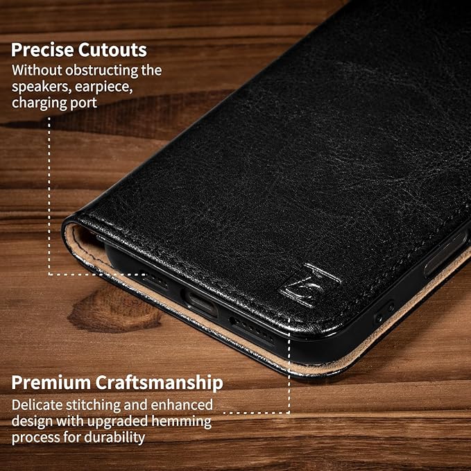 Belemay Leather Wallet Case Compatible with iPhone 17 Pro, Premium Cowhide Leather Two-Tone Effect, RFID Blocking Card Holders, Shockproof TPU Shell, Kickstand, Protective Flip Cover, 6.3", Black