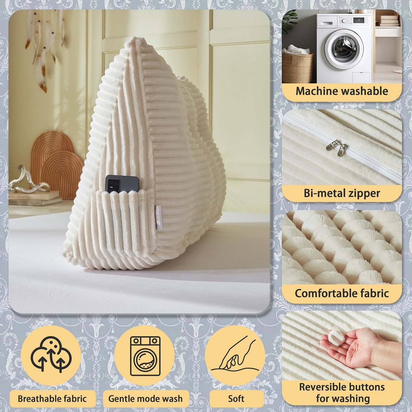 AmyWtb Headboard Wedge Pillow + A Long Neck Roll Pillow Body Pillow，Large Headboard Pillow with Removable Cover (Beige, King：76x8x20 inches)
