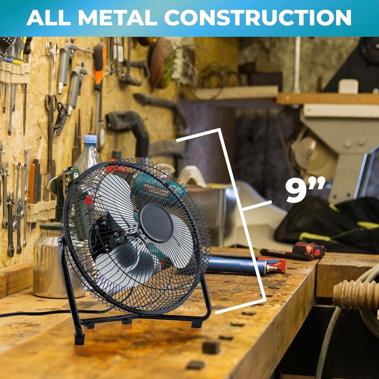 EZ-CHILL 9" Cradle Floor Fan, 3 Speed, Electric, 180 Degree Adjustable Tilt, All Metal, Carry Handle, Rubber Feet, Table Fan, Airflow 12.57 ft/sec, Ideal for Home, Bedroom & Office, MTFDB-9