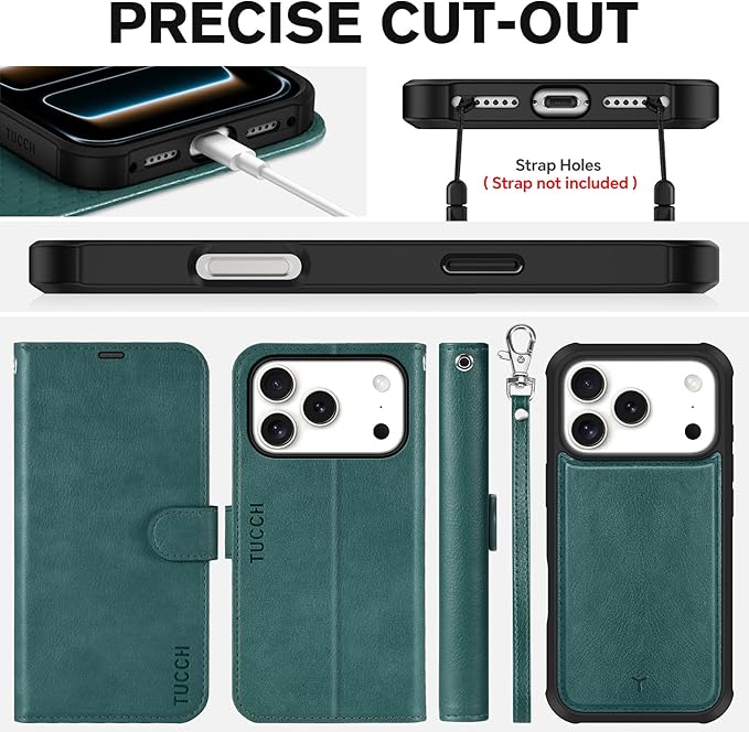 TUCCH Removable Case Wallet for iPhone 17 Pro (6.3") 2025, Detachable Wrist Strap, Wireless Charging, Stand, 4 Card Slots RFID Blocking, 2-in-1 Magnetic, PU Leather Shockproof Cover, Teal Blue