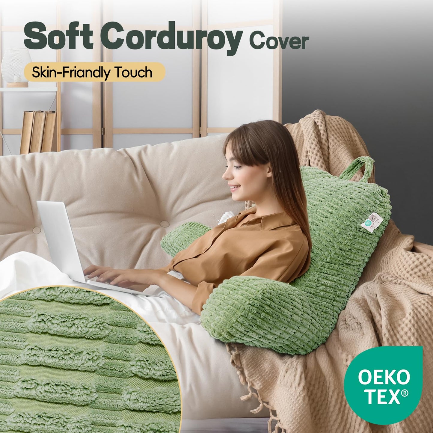 LUISOF 21" Higher Large Reading Pillow for Bed Adult, Back Pillow for Bed Sitting Up with Memory Foam Back Support with Arms Rest for Couch Chair Sage Green