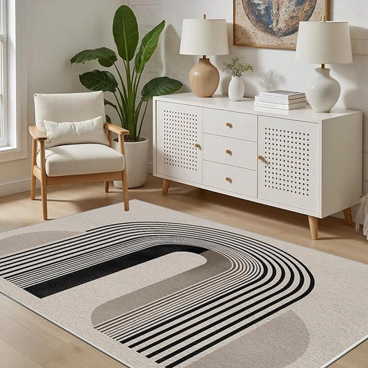 Modern Washable Rug for Living Room 5x7, Boho Abstract Striped Area Rugs, Soft Non Slip Low Pile Farmhouse Carpet for Bedroom Dining Room Kitchen, Stain Resistant, Pet Friendly, Beige Black