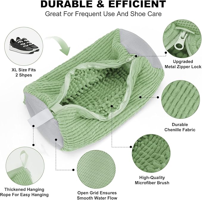 Shoe Washing Machine Bag - Laundry Shoe Bag (2-Pack) Includes 3 Laundry Bags, Reusable, Washer & Dryer Safe, 360° Deep Cleaning for All Shoe Types, Self-Locking Zipper(Green)