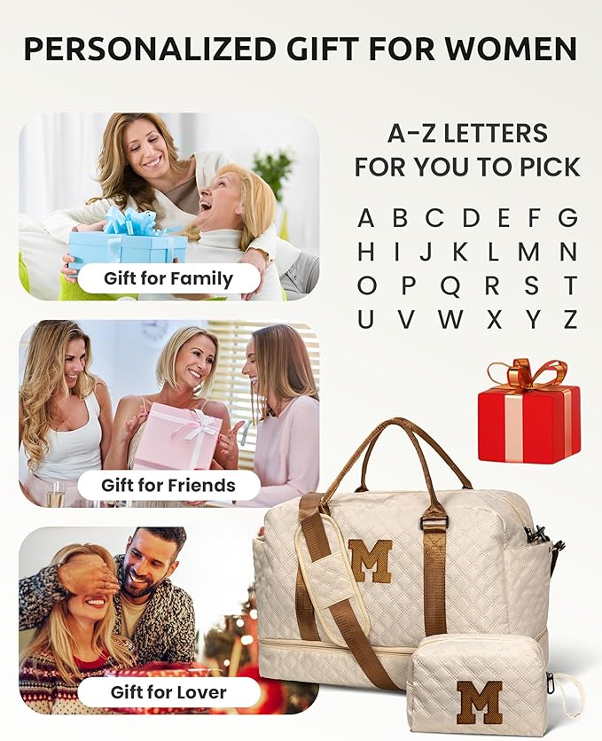 Vogewood Initial Duffle Bag with Shoe Compartment, Personalized Weekender Bag, Monogram Overnight Bag for Women with Trolley Sleeve & Wet Pocket, Letter Travel Bag with Makeup Bag (Letter J), Beige