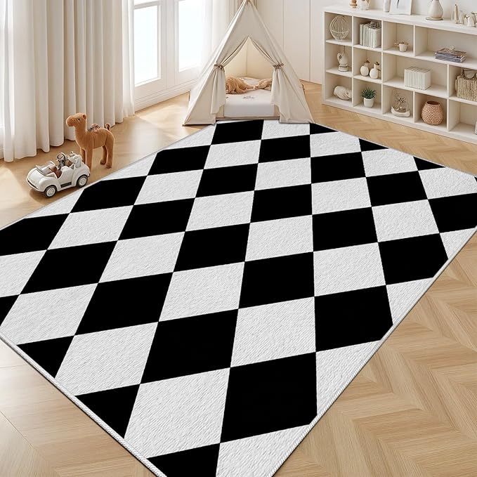 Checkered Rug, Black White Rug, Washable Rugs 2x3, Geometric Rhombus Plaid Area Rugs, Grid Gingham Carpet for Living Room Non Slip Home Decor
