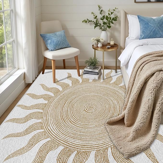 Boho Washable Rugs for Bedroom 7x10, Modern Sun Print Soft Minimalism Area Rug, Non Slip Low Pile Abstract Carpet for Classroom Living Room Decor Dining Room Sofa Kids Nursery Room, Beige Yellow