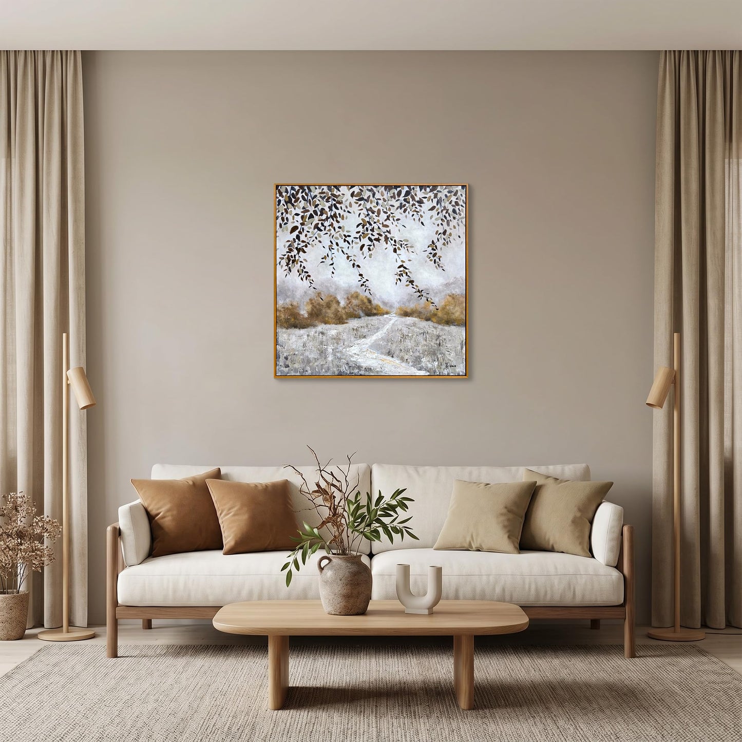 Eonzeun 32x32 Inch Square Framed Textured Canvas Wall Art, Modern Neutral Wabi-Sabi Abstract Landscape Painting for Living Room, Bedroom