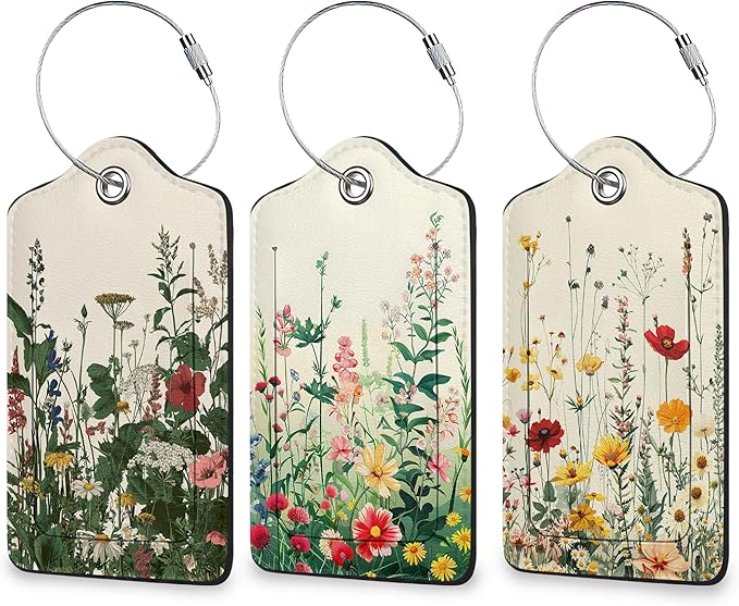 Floral Luggage Tags for Suitcases, 3 Pack Leather Bag Tag Identifiers with Stainless Steel Loop and Address Card for Men Women