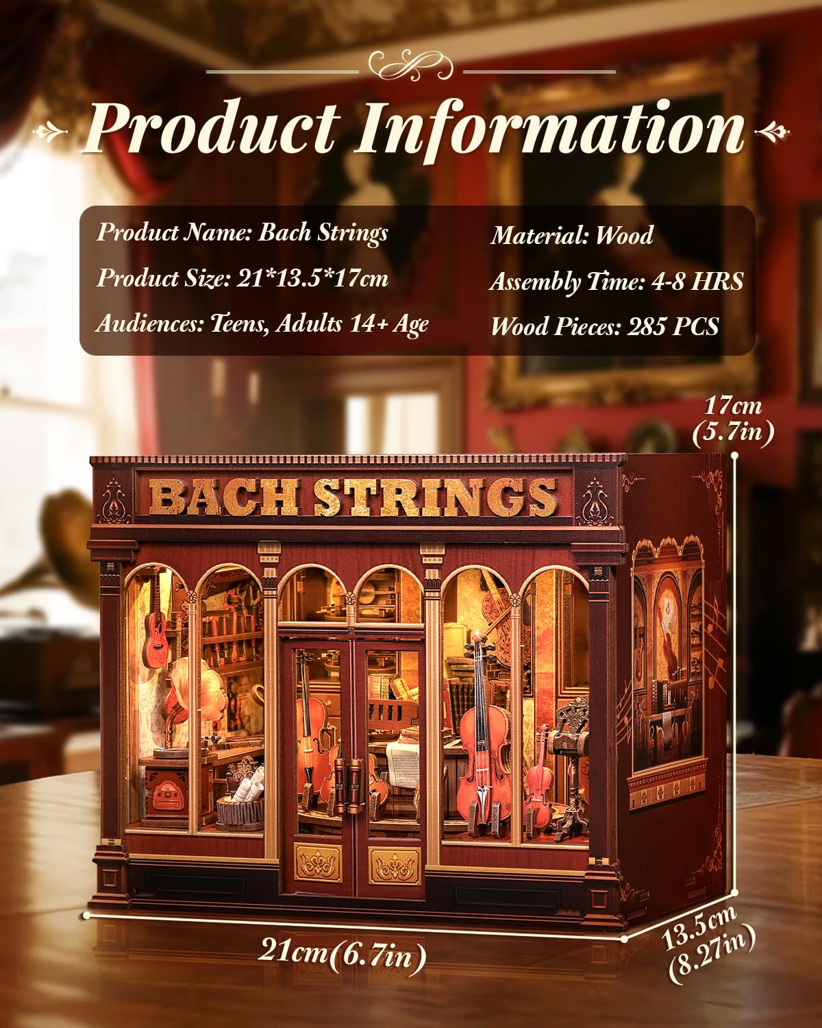 Book Nook Kit for Adults, DIY Miniature Dollhouse Kit，3D Wooden Puzzle Booknook with LED Lights, Decorative Bookends Desktop Bookshelf Home Decor, Craft Gifts for Family and Friends (Bach Strings)