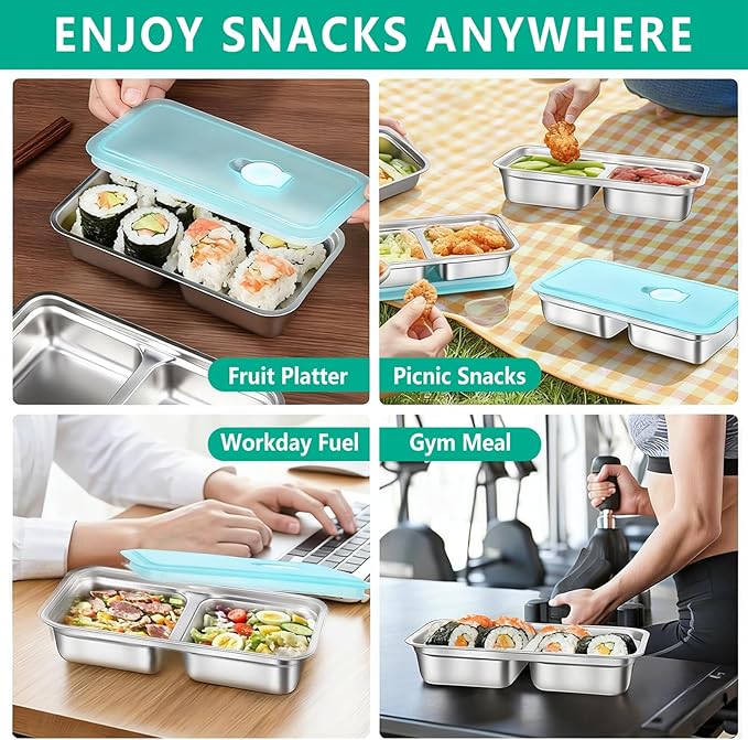 Dobyusf 4-Pack Stainless Steel Snack Containers with Silicone Lids - Dual-Compartment Breathable Food Storage, BPA-Free Reusable Container Set for Office, Travel, On-the-Go Lifestyle