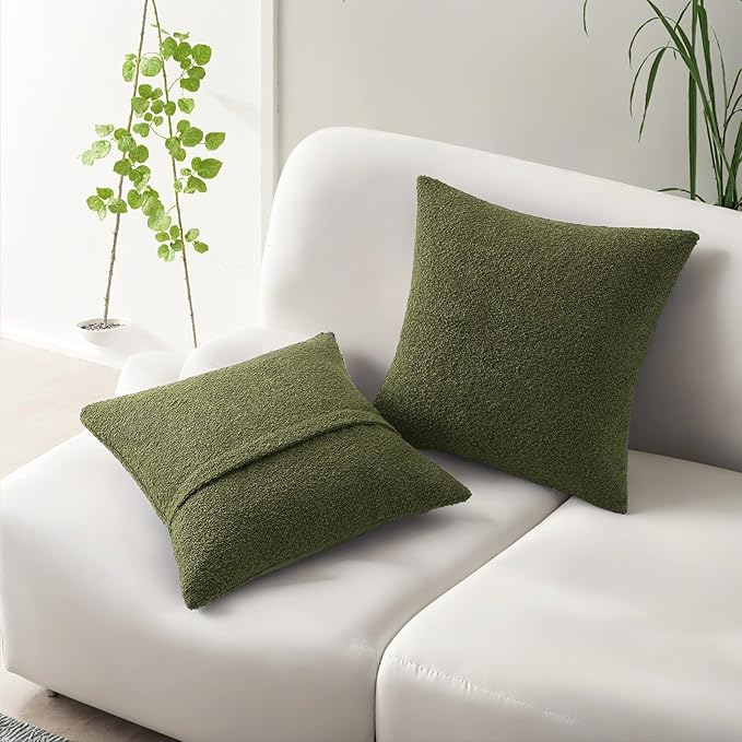 HAUSSY Set of 2 20x20 Decorative Throw Pillow Covers, Soft Cozy Textured Boucle Couch Cases, Home Decor for Couch Bed Living Room, Moss Green