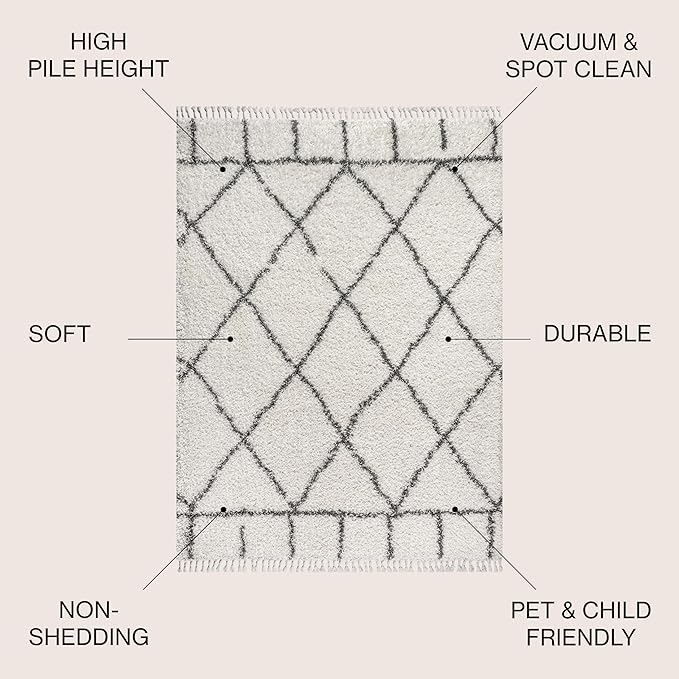 JONATHAN Y Mercer Shag Plush Tassel Ivory/Gray Indoor Area Rug, 3x5, Moroccan Geometric Trellis, Easy-Cleaning for Living Room, Bedroom, Kitchen, Pet Friendly, Non-Shedding (MCR101B-3)