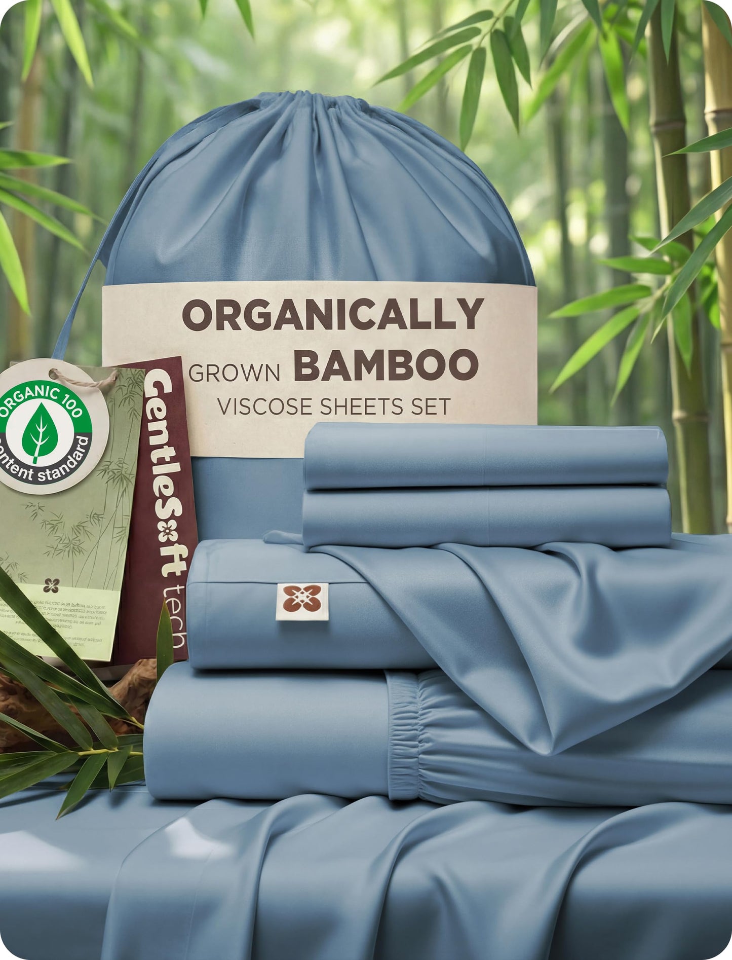 Bedsure 100% Organically Grown Bamboo Viscose Queen Sheet Set | Cooling Bedsheets for Hot Sleepers | Luxury Silky Soft PureWoven | 18" Deep Pocket with Corner Straps | Oeko-Tex [Mineral Blue]