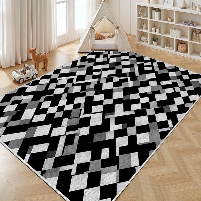 Black White and Grey Rug - Geometric Area Rug, Area Rugs 6x8, Modern Abstract Rugs, Irregular Block Splicing Carpet Washable Non Slip Home Decor Carpet for Living Room