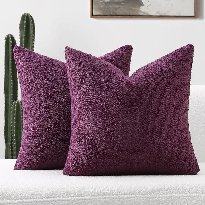 FUTEI Pack of 2 Purple Decorative Throw Pillow Covers 18x18 Inch Soft Cozy Solid Boucle Textured Cushion Case,Modern Home Decor for Couch Bed Living Room