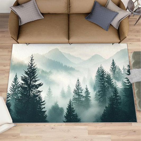 Misty Forest 5x8 Area Rug Natural Landscape Washable Rugs for Living Room Bedroom, Green Woods Soft Low Pile Non Slip Accent Floor Mat Print Throw Rug Indoor Carpet Dining Room Playroom