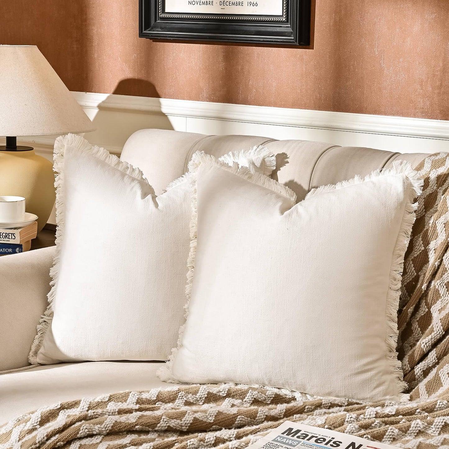 AmHoo Pack of 2 Linen Pillow Covers with Tassels Fringed Decorative Rustic Natural Throw Pillowcase Cushion for Couch Sofa Bedroom 18 x 18-Inch Off White