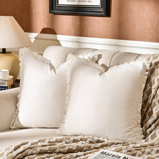 AmHoo Pack of 2 Linen Pillow Covers with Tassels Fringed Decorative Rustic Natural Throw Pillowcase Cushion for Couch Sofa Bedroom 18 x 18-Inch Off White