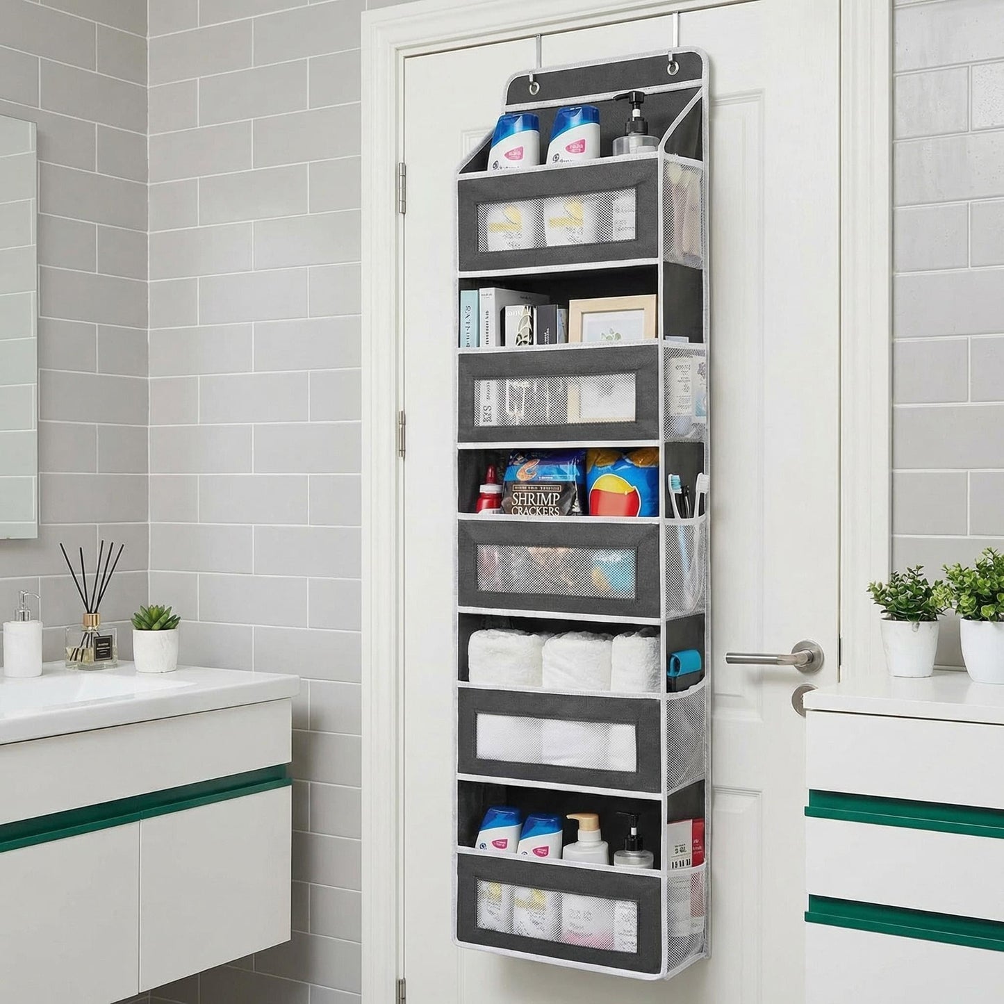 MINJINGXI Over the Door Organizer, 5-Tier Hanging Storage Organizer with Extra Large Pockets, Anti-Tilt & Heavy Duty 44 lb Load, Space Saving Door Organizer for Bedroom (Black, 5 Tier)