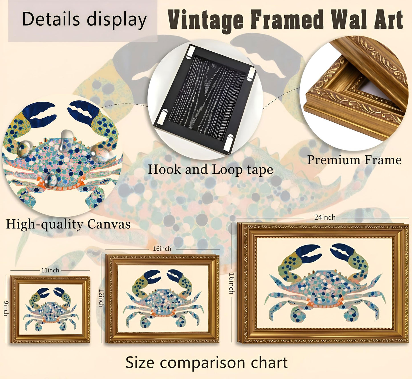Gold Framed Coastal Watercolor Blue Crab Canvas Wall Art 9x11in