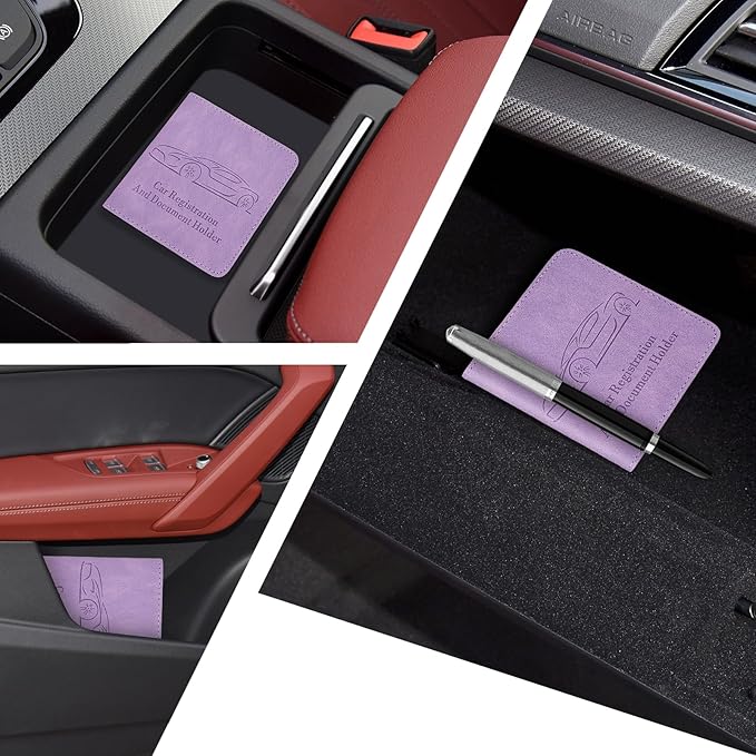 2-Pack Car Registration and Insurance Holder, Car Organization Vehicle Document Organizer with Magnetic Closure for Cards, License in Glove Box, Purple