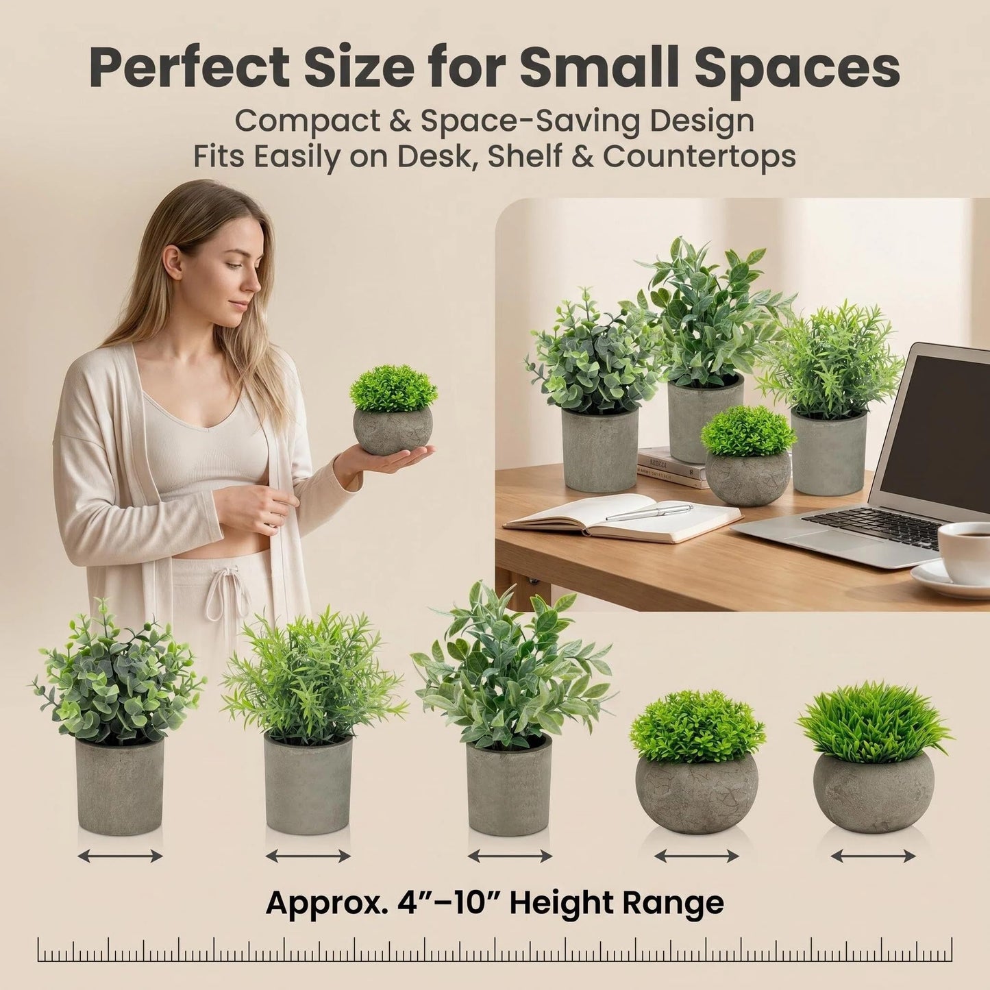 AUUGUU Artificial Potted Plants Faux Greenery in Cement Pots for Shelf, Bookshelf, Office or Home Decor, Small Decorative Fake Plants for Modern Indoor Display