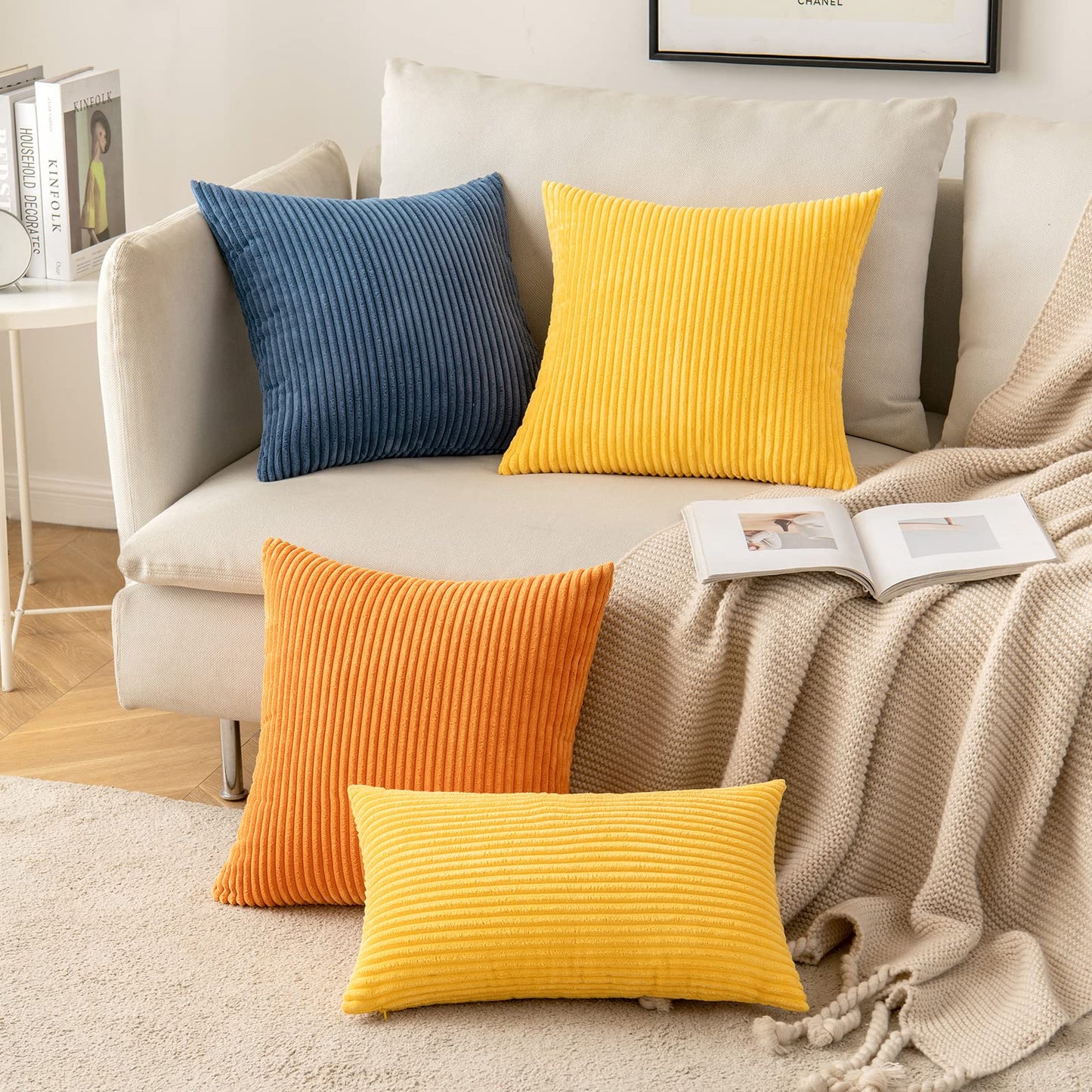 MIULEE Decorative Corduroy Pillow Covers Soft Solid Pack of 2 Cushion Cases Boho Square Throw Pillow Covers Golden Yellow Pillowcases for Couch Chair Sofa Bed Living Room Home Decor 18 x 18 Inch