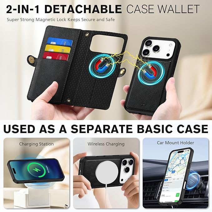 TUCCH Removable Crossbody Case Wallet for iPhone 17 Pro 2025, 9 Card Slot RFID Blocking, Stand, Lanyard, Wrist Strap, Wireless Charging, Zipper Pocket, PU Leather, Magnetic Flip Cover, Textured Black