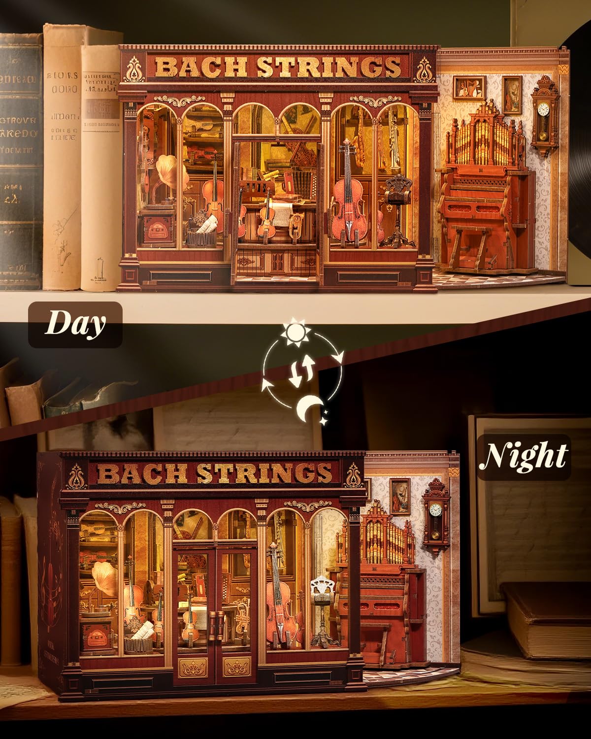 Book Nook Kit for Adults, DIY Miniature Dollhouse Kit，3D Wooden Puzzle Booknook with LED Lights, Decorative Bookends Desktop Bookshelf Home Decor, Craft Gifts for Family and Friends (Bach Strings)