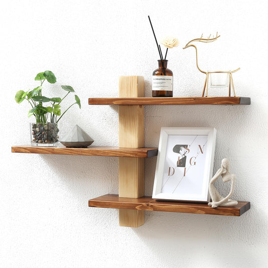 GRID FORTE Wood 3-Tier Floating Shelf, Large Minimalist Wall Shelves