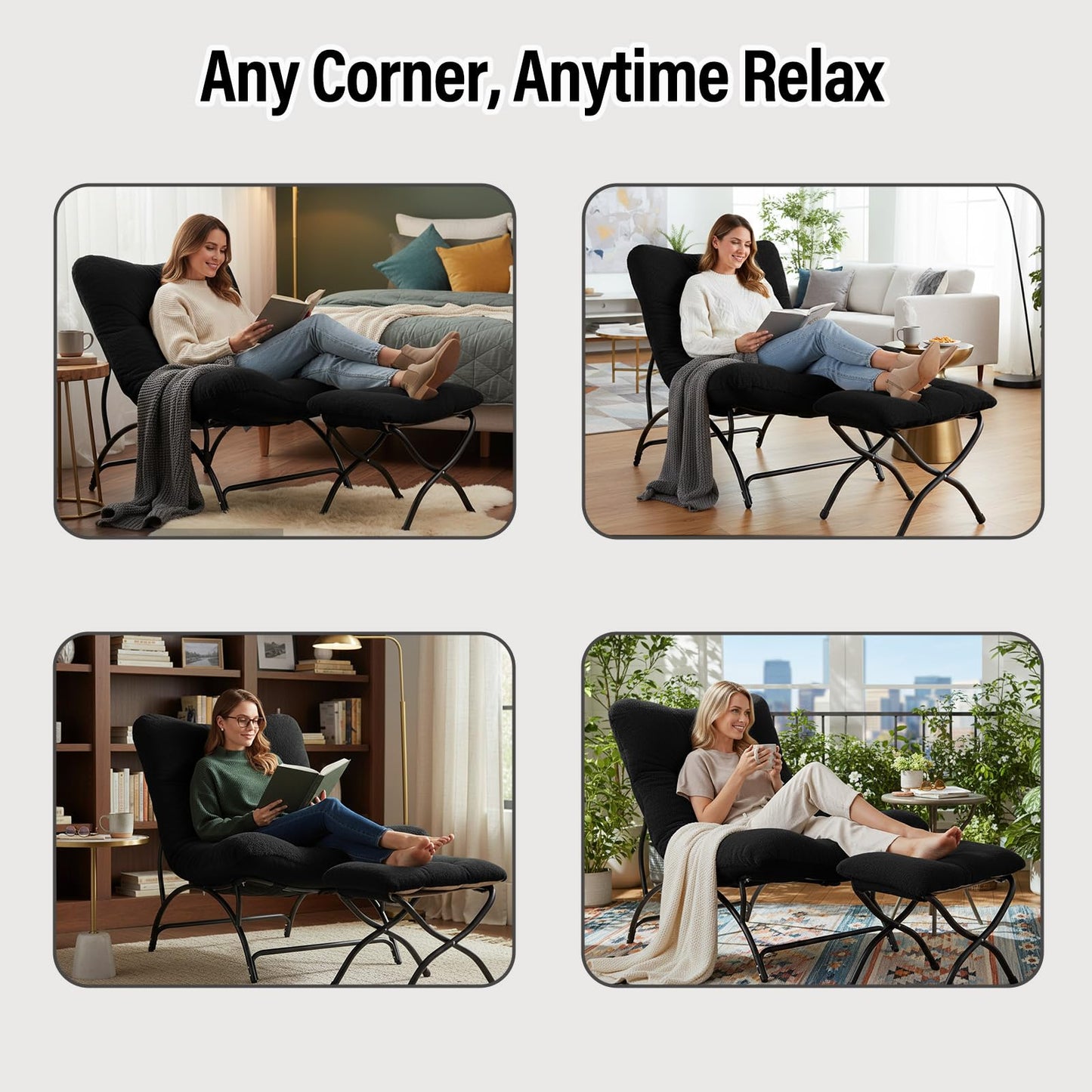 Tiita Accent Lazy Chair with Ottoman, Comfy Lounge Chair with Metal Frame and Plush Fabric, Thick Cushion Seated Cozy Recliner Chair for Reading Room, Living Room, Bedroom, Office, Black