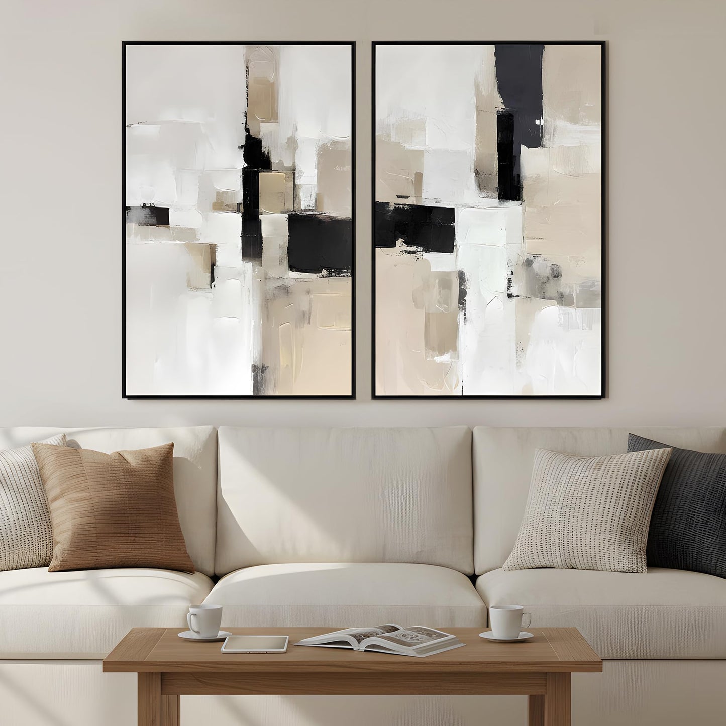 Zessonic Neutral Abstract Wall Art, Large Modern Textured Framed Canvas Wall Decor, Minimalist Prints Paintings, Earth Tone Black Beige Brown Artwork Pictures for Home, Living Room, Office, 24"x36"x2