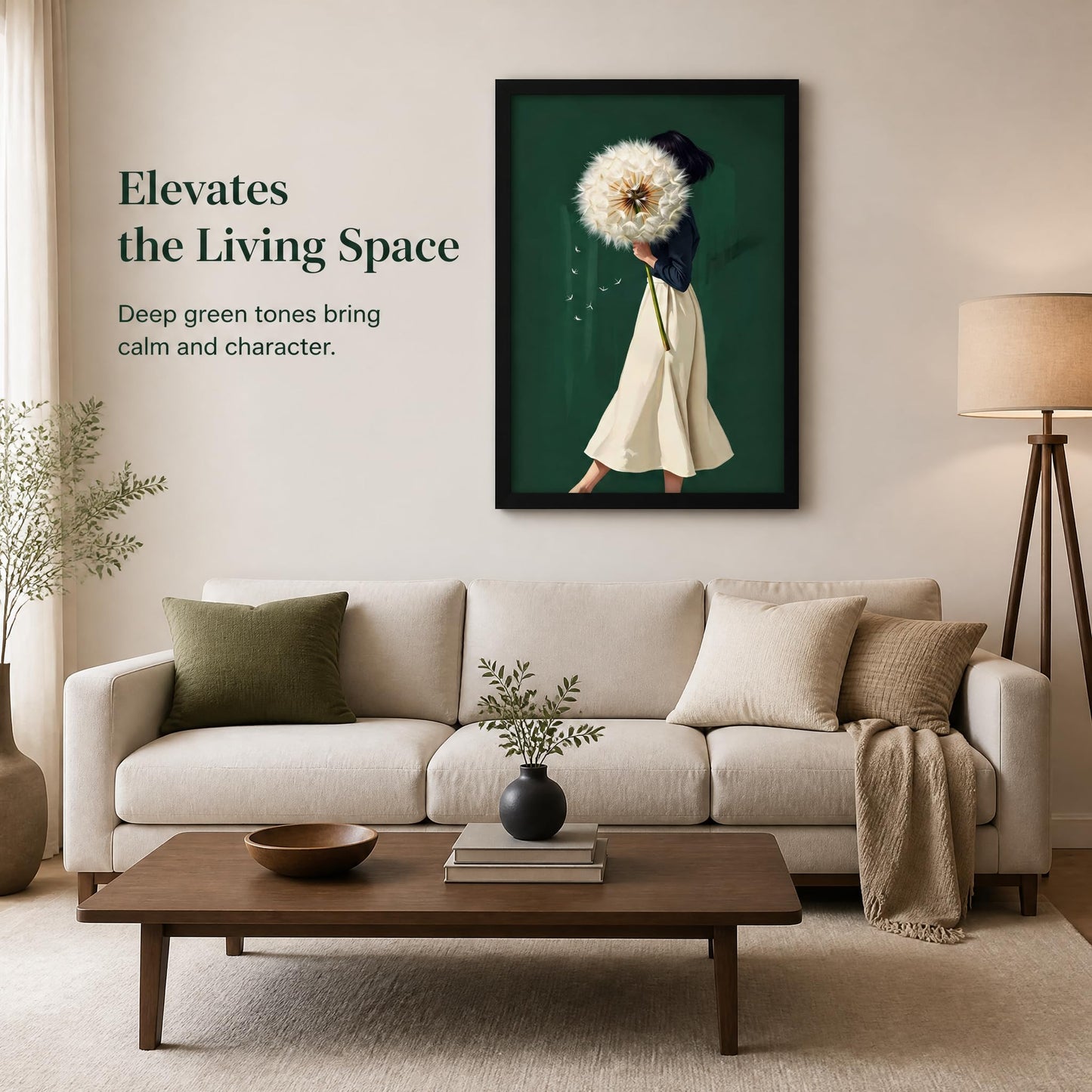 Framed Emerald Green Wall Art Woman With Dandelion Art Prints Modern Women's Minimalist Pictures Soft Botanical Painting Artwork for Living Room Bedroom Home office Wall Decor