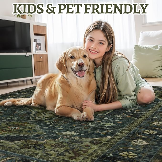 Tangsoo Green Round Area Rugs 6ft, Washable Circle Rug, Non Slip Boho Round Area Rug, Vintage Low Pile Circular Rugs,Large Rounds Rugs Carpet for Livingroom Bedroom Nursery Dorm Office Olive Green