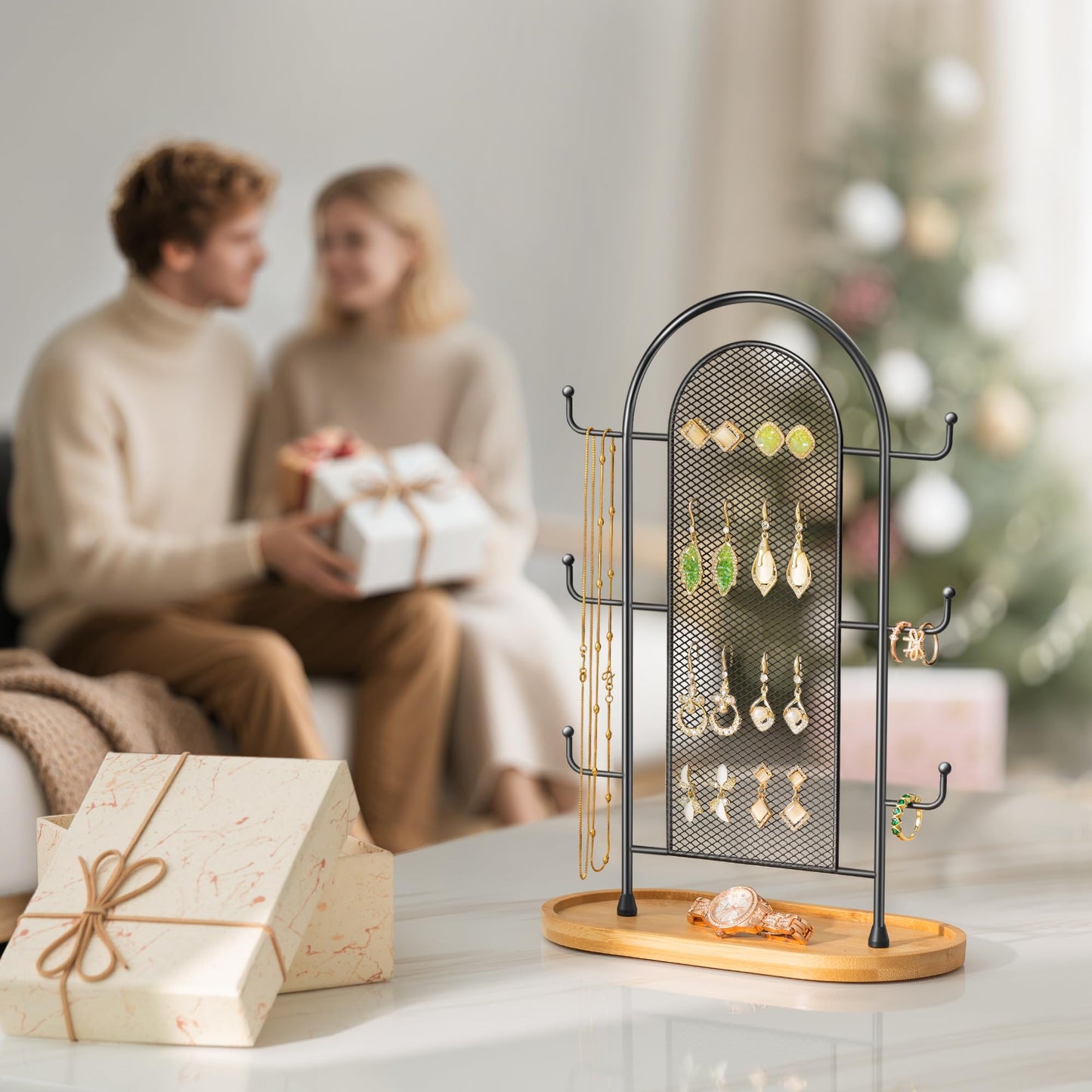 bussdis Jewelry Holder Organizer Earring Display - Earring Storage Tree Stands Towers With 6 Hooks 300 Studs Wood Tray Black Metal Rack