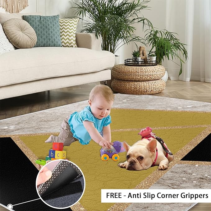 Geometric Marble Area Rugs for Living Room Black Gold Marble Rug Triangular Geometric Carpet Modern Minimalist Door Mat for Bedroom Hardwood Floors 4x6ft