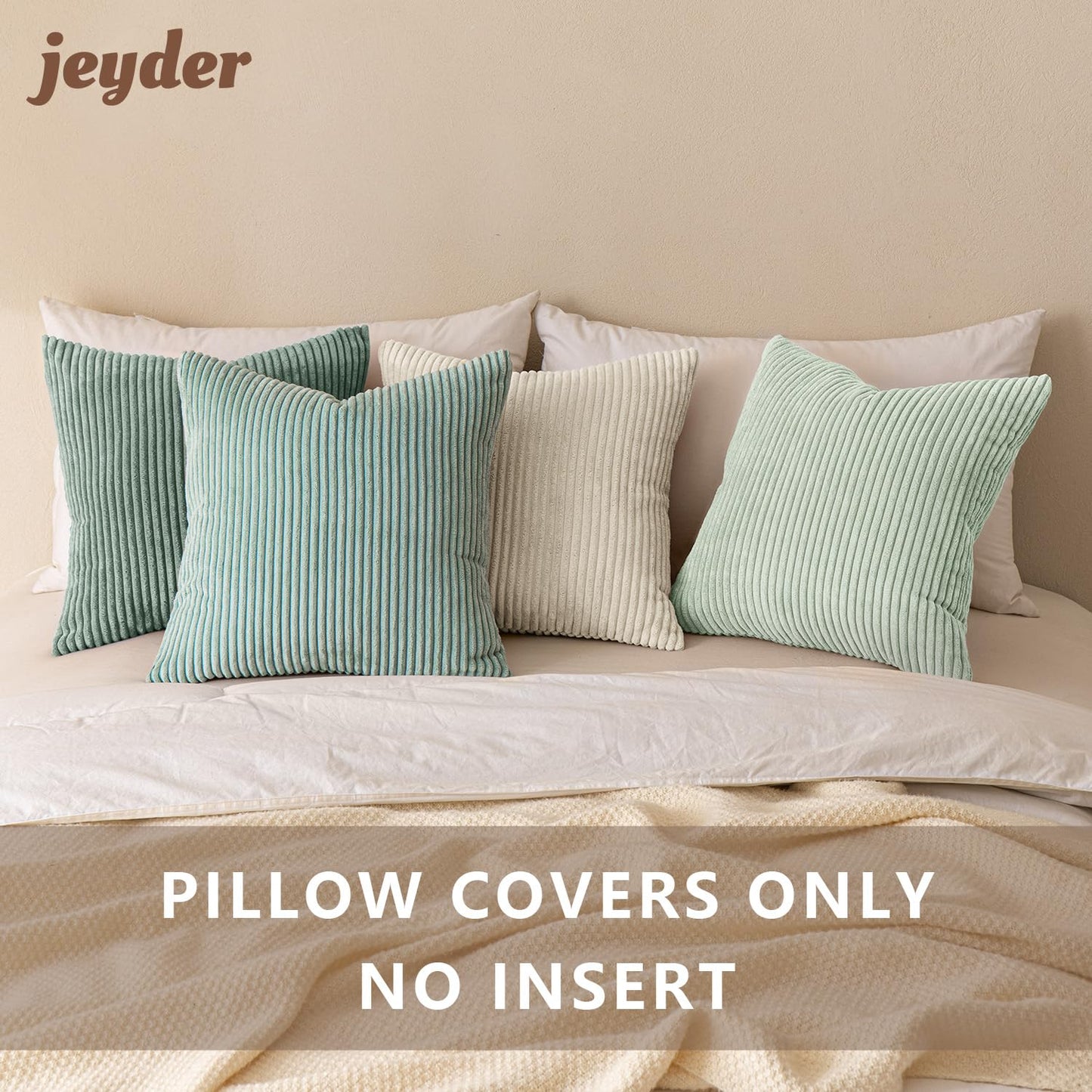 JEYDER Boho Farmhouse Sage Green Mix Throw Pillow Covers 18x18 Inch Set of 4, Striped Corduroy Decorative Pillow Cases, Soft Modern Home Decor for Couch Sofa Living Room Bedroom, All Season S9