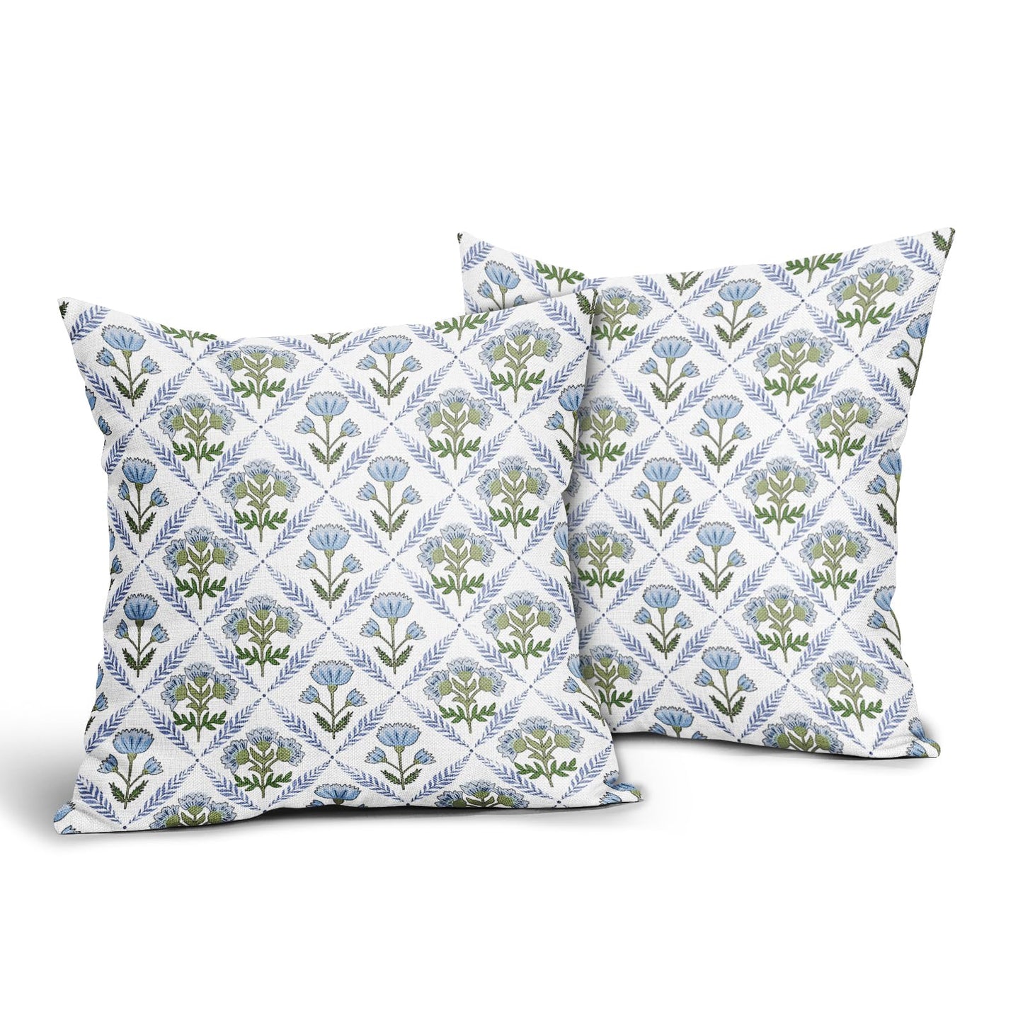 aportt Blue Green Block Print Pillow Covers 18X18 Inch Set of 2 Boho Flower Decorative Pillow Cases Spring Summer Rustic Cotton Linen Cushion Case Farmhouse Home Decor for Sofa Couch Living Room