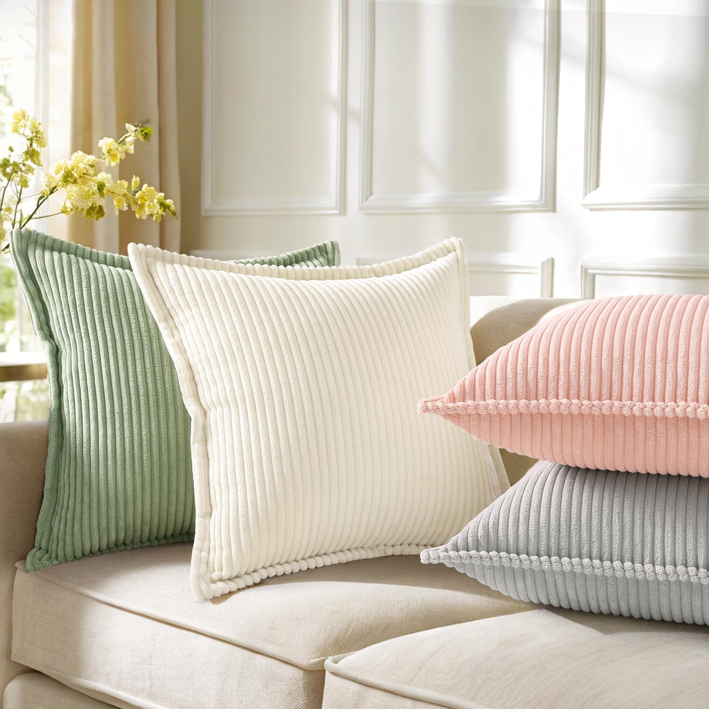 decorUhome Summer Corduroy Cream White Euro Sham Throw Pillow Covers 24x24 Set of 2 Decorative Soft Boho Farmhouse Couch Pillow Covers for Living Room Bed Sofa Broadside Striped Pillow Cases