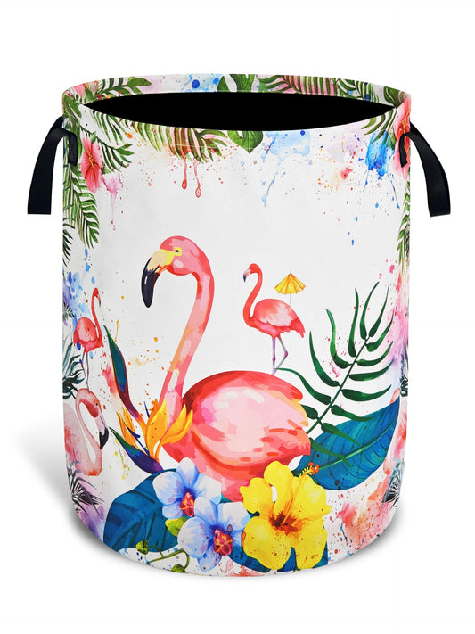 Pink Flamingo Laundry Basket Tropical Leaves Flower Oxford Cloth With Handles Foldable And Portable Colorful Laundry Hamper For Laundry Room/Bedroom/Living Room/Children'S Room (18.9 X 16.5 In)